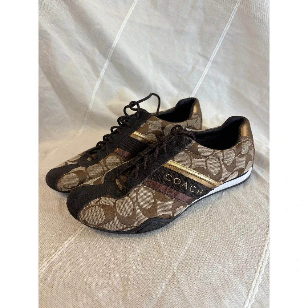 Coach Jayme Signature Jacquard Khaki Brown Gold Sneakers Q582 Womens 7.5M